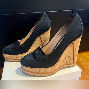 CHLOE Navy Penny Loafer Wedge Platform Heels size 40 EU, 9 US